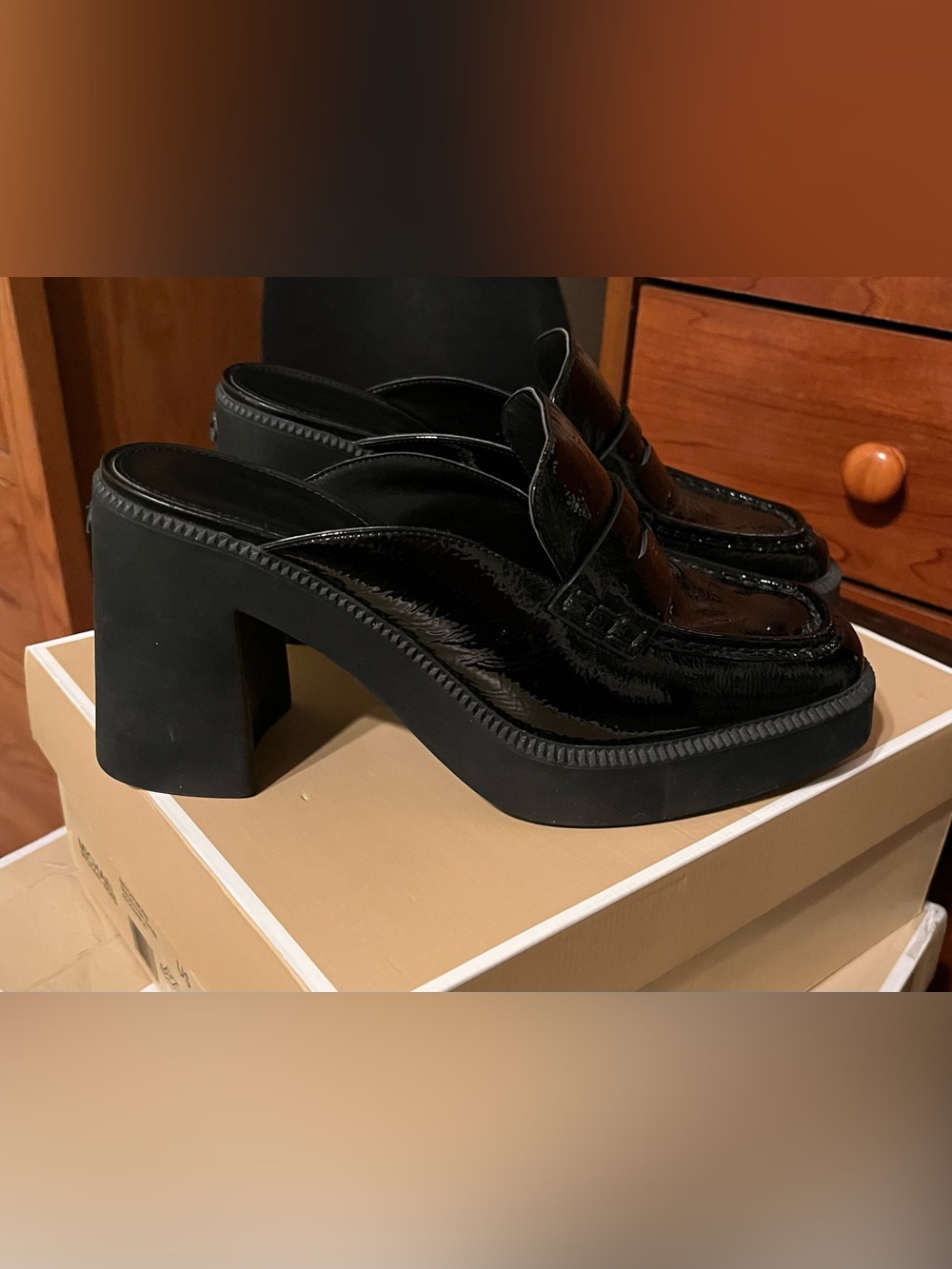 Michael Kors Eden Black Crinkled Patent Leather Heeled Mule- Women - Picture 4 of 8